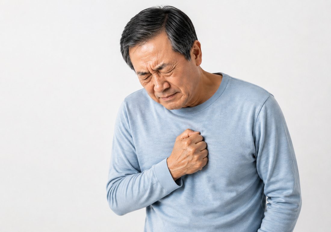 가슴 가운데를 주먹으로 움켜쥐며 괴로워하는 중년 남성