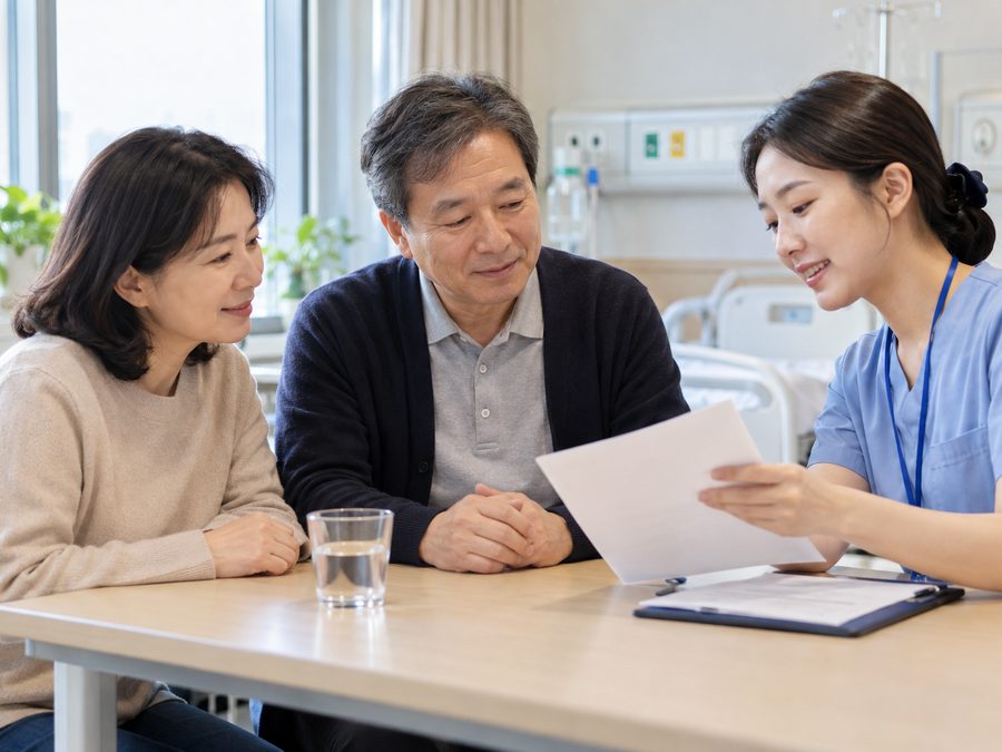 병실에서 간호사가 환자와 보호자에게 퇴원 안내문을 보여 주며 설명하는 모습